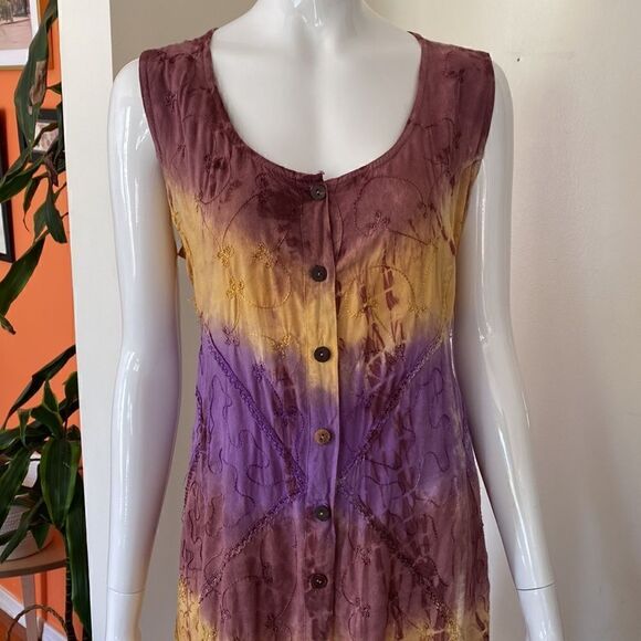 Vintage Flower Brand Yellow and Purple Tie Dye Tunic Dress with Waist Ties - Picture 3 of 13